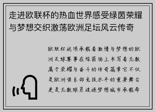 走进欧联杯的热血世界感受绿茵荣耀与梦想交织激荡欧洲足坛风云传奇